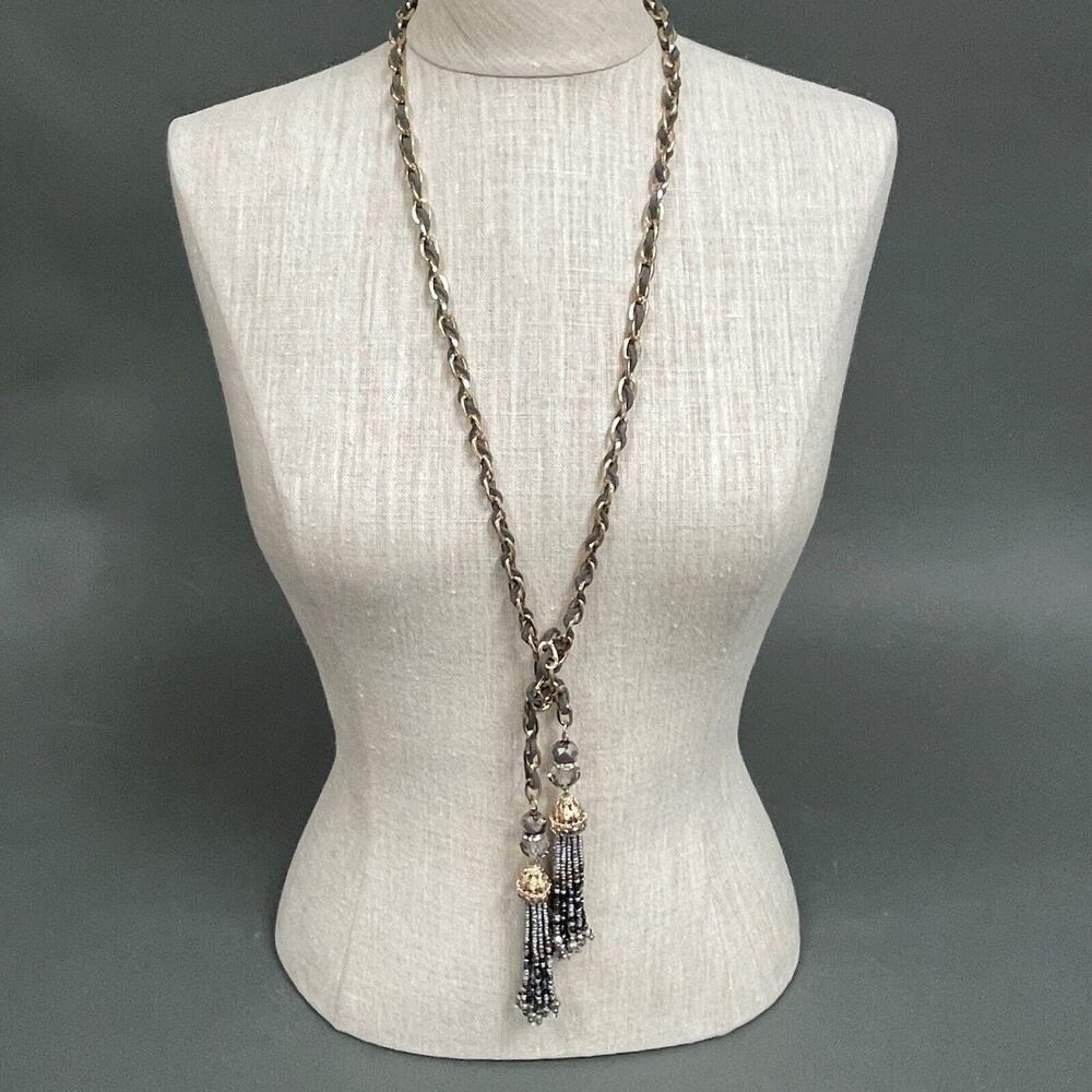 Beautiful Gold-tone Gray Clear Black Beaded Chain Fashion Dangling Necklace NWOT